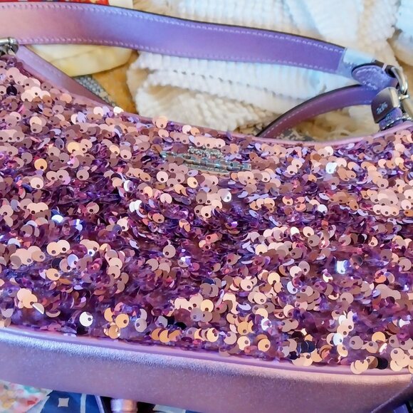 NWT AUTHENTIC Coach Teri Leather Purple Sequined Shoulder Bag - Picture 3 of 12